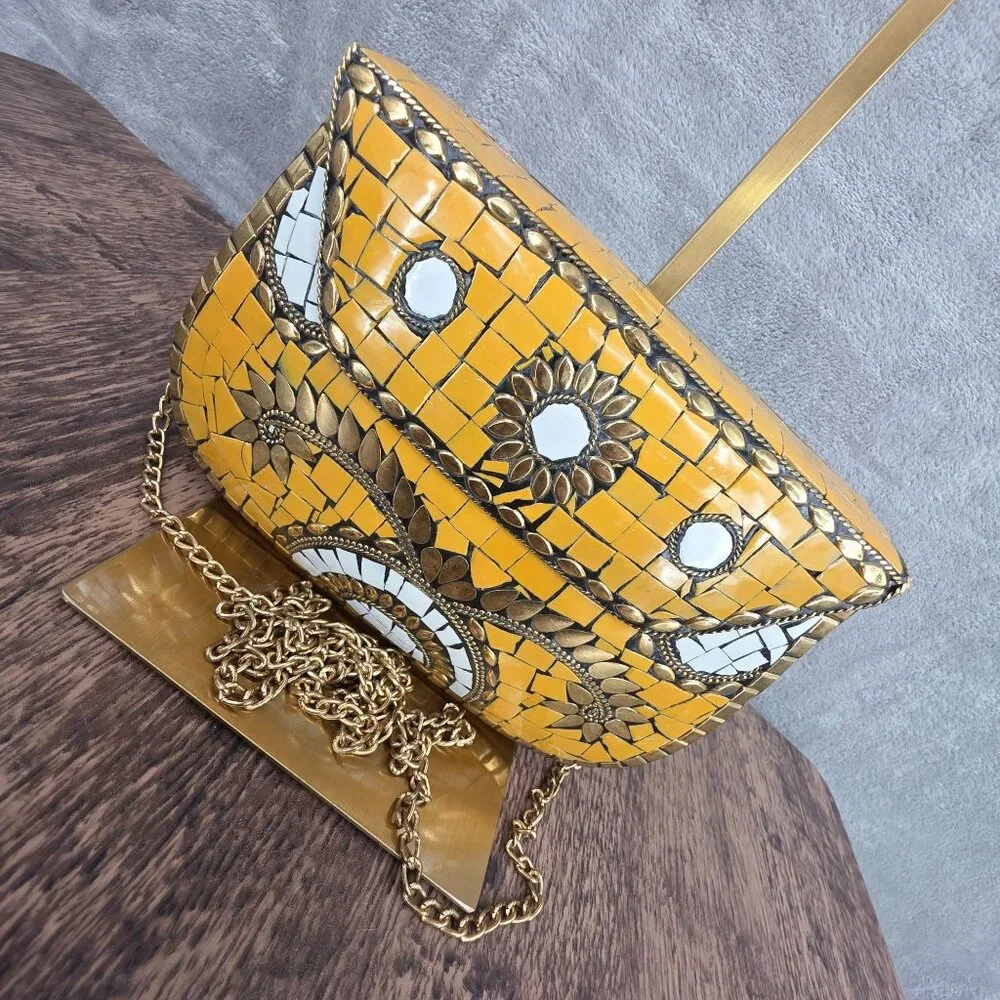 Antik Craft Metal Clutch Crossbody Honey Metallic Gold Mosaic Tile Art Chain New - Picture 4 of 15